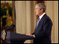 President George W. Bush delivers his farewell address to the nation Thursday evening, Jan. 15, 2009, from the East Room of the White House. President Bush stated in his remarks, "We have faced danger and trial, and there's more ahead. But with the courage of our people and confidence in our ideals, this great nation will never tire, never falter, and never fail." White House photo by Eric Draper