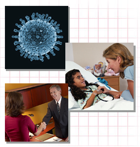 Collage of three graphics - a close-up of a virus strain, two people shaking hands, and a doctor checking on a child patient