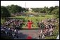 President George W. Bush and Laura Bush stand with visiting President Aleksander Kwasniewski of Poland and his wife, Jolanta Kwasniewska, during the State Arrival Ceremony on the South Lawn Wednesday, July 17.  