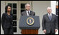 Flanked by U.S. Secretary of State Condoleezza Rice and U.S. Secretary of Defense Robert Gates, President George W. Bush delivers a statement in the Rose Garden Wednesday, Aug. 13, 2008, regarding efforts by the United States to resolve the crisis in Georgia. White House photo by Joyce N. Boghosian