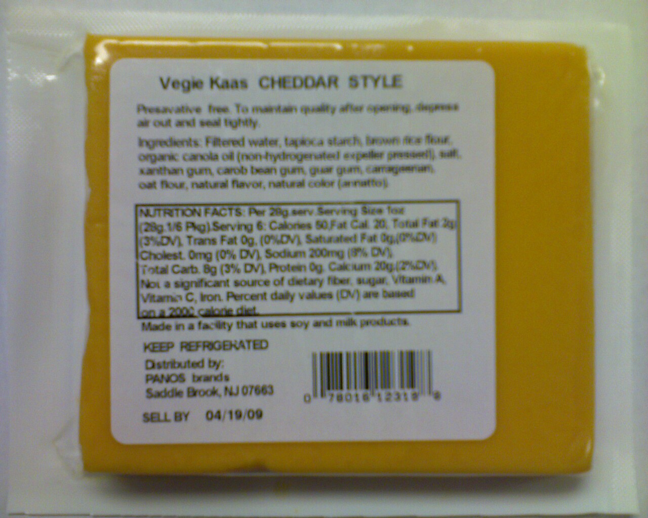 label from Back Label of Vegan Rella Cheddar Block
