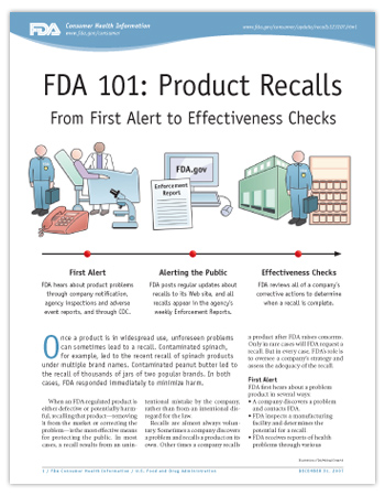 Cover page of PDF version of this article, including a graphic digram of icons illustrating the three stages of a recall: First Alert, Alerting the Public, and Effectiveness Checks.