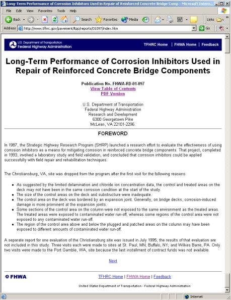 Figure 9. Screen shot. This screen shot shows a Federal Highway Administration online research report in HTML Web format.