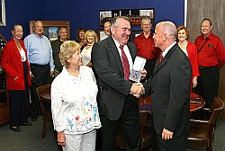 Thirty-eight years after his service in Vietnam, Robert Searcy, 63, received his long-awaited Purple Heart Medal. Searcy, accompanied by his fiancée, Terry Krunknow, and many proud family members, was presented the medal by Congressman Brady.