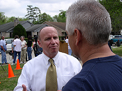 Congressman Brady stops to talk with a constituent after a recent press conference held in the Foxwood neighborhood in Mr. Brady's district.