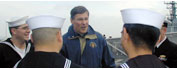 Inslee discusses national security legislation with sailors on the U.S.S. Rodney M. Davis.