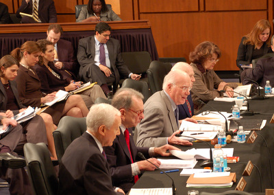 Sen. Leahy (center) is pictured here chairing the Senate Judiciary Committee's business meeting to consider the nomination of Eric Holder to be Attorney General.