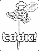 Thumbnail image of page to color - Thermy character, a food thermometer: (Cook)] Thermy™ says: "It's safe to=To bite when the temperature is right!"