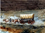 Painting of covered wagon being pulled by oxen