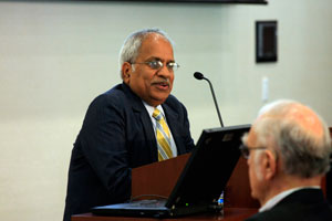 Lecture host Jayanty, center, also a scientist with research interests in climate change, has known Rowland since Jayanty was a postdoctoral fellow in the early 1970s.