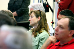 NIEHS Superfund Program Administrator Heather Henry, Ph.D., center, listened attentively to Rowland’s account of his 35-year scientific odyssey to develop a body of evidence to convince skeptics that global warming was actually happening.