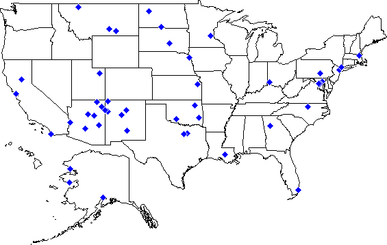 A static U.S. map of Dietitian Officer duty station locations