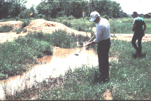 Picture of an entomologist checking for mosquito larvae with a long-handled "dipper"