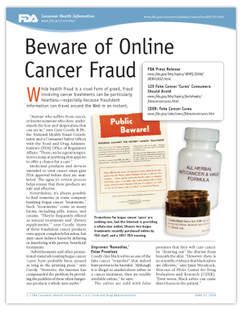 Cover page of PDF version of this article, including photos of two bogus cancer treatments and a 1957 FDA print advartisement warning the public against bogus cancer cures.