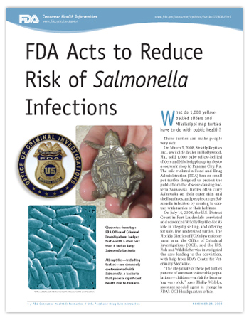 Printer-friendly PDF version of this article, including photo of FDA badge, turtle, and Salmonella bacteria