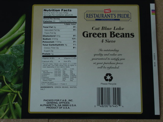 label from Frosty Acres Restaurant's Pride Preferred brand, packed for F.A.B., Inc., Alpharetta, GA, Cut Blue Lake green beans, 4 sieve 