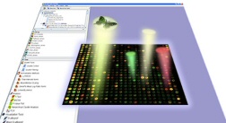 Image of microarray slide with beams of light coming out of it