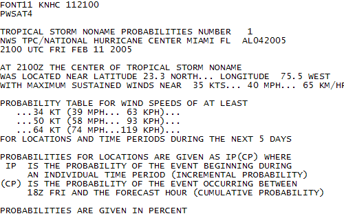 Tropical Cyclone Surface Wind Speed Probabilities Text (Operational Effective May 15, 2006)