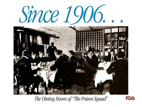 Slide with  picture of people sitting in a dining room eating and the words: Since 1906 - - The Dining Room of "The Poison Squad".