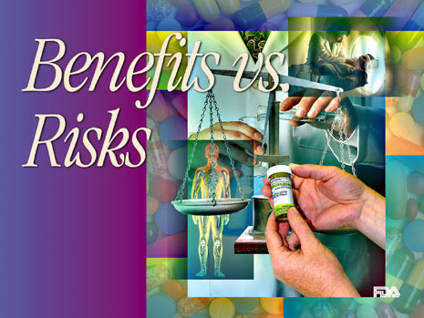 Benefits vs. Risks with a collage of pictures, drugs, medical devices