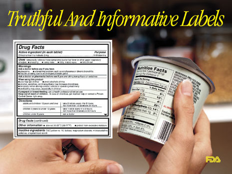 Slide with picture of a person reading a nutrition label and drug label and the words: Truthful And Informative Labels.