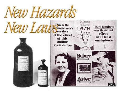 A 1937 picture of a lady using eyelash dye before and after and the words:  New Hazards, New Laws.