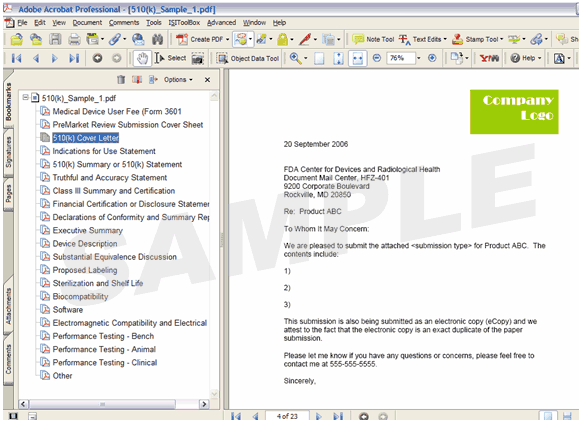 This is a picture of a 510(k) submission that is structured in one PDF file with the appropriate bookmarks.  Each section is listed as a bookmark to assist the reviewer in navigating through the submission.