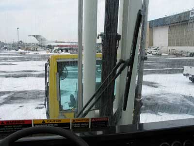 windshield from inside the cab of the deicing truck