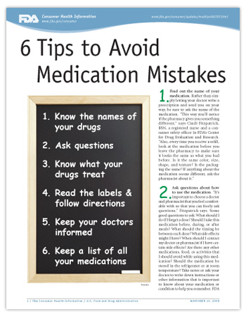 Cover page of PDF version of this article, including a photo of a chalkboard with the six tips for avoiding medication mistakes written on it in chalk.