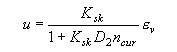 Equation 26.  U equals the total volumetric strain, E subscript V, times the quotient of the bulk modulus for soil without air voids (skeletal bulk modulus), K subscript SK, divided by the sum of 1 plus the product of K subscript SK times the material constant  controlling the pore-water pressure before the air voids are collapsed, D subscript 2, times the current porosity, N subscript cur.