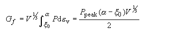 Equation 32.  The void formation parameter, G subscript F, equals the cube root of the element volume, V, times the integral of the pressure, P, with respect to the volumetric strain, E subscript V.  The integration is performed from volumetric strain at peak pressure, E subscript VP, to alpha.  The result of this integration equals P subscript peak times the quantity alpha minus E subscript VP times the cube root of V, all divided by 2.