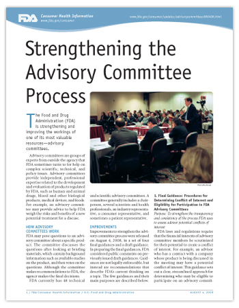 Cover page of PDF version of this article, including photo of an FDA advisory committee meeting, a large room with over one hundred people sitting around tables listinge to a standing man speaking on a microphone.