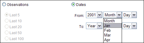Image of the select a date range or number of observations section of the format page