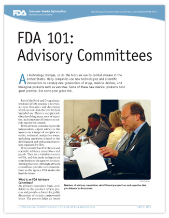 Cover page of PDF version of this article, including photo of an FDA Advisory Committee meeting showing serious looking people around a big table, with papers and microphones.
