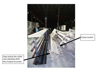 Exhibit 6. A picture showing the area where the victim was standing and the crane control that the victim used to lift the steel frame. 