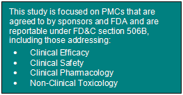 Text Box: This study is focused on PMCs that are agreed to by sponsors and FDA and are reportable under FD&C section 506B, including those addressing: • Clinical Efficacy • Clinical Safety  •	Clinical Pharmacology  • Non-Clinical Toxicology