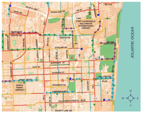 Figure 4-6. Illustration. A bicycle route map provides bicyclists with information about street characteristics by using different color codes.
