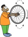 Cartoon boy experiments with a spinning bike wheel.