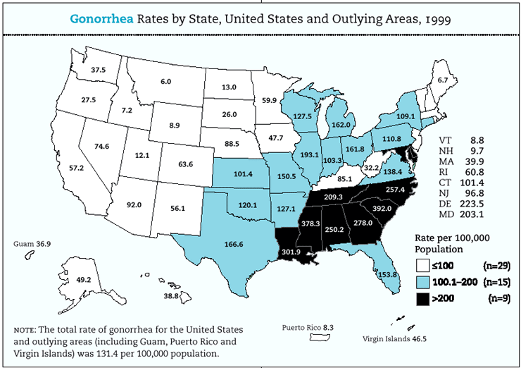 Gonorrhea Rates by State, United States and Outlying Areas, 1999