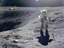 Astronaut Charles Duke walks on the moon on Apollo 16 mission