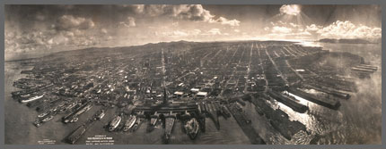 San Francisco in ruins from Lawrence Captive Airship, 2000 feet above San Francisco Bay