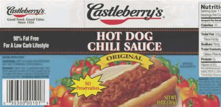 Castleberry’s Original Hot Dog Chili Sauce, Consumer UPC # 3030000101 in 10 oz cans.
