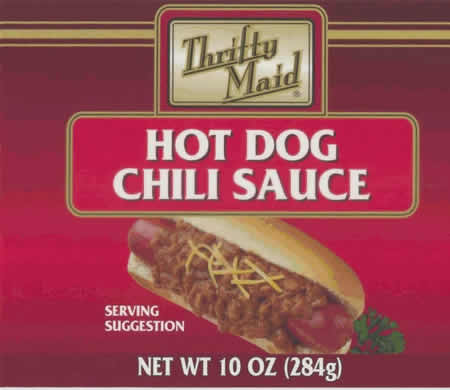 Thrifty Maid Hot Dog Chili Sauce, Consumer # 2114021367 in 10 oz cans.