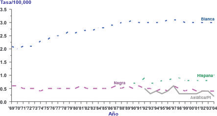 Gráfica de líneas con las variaciones en las tasas de mortalidad de melanoma cutáneo según distintas razas y grupos étnicos, de 1969 al 2004.
