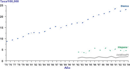Gráfica de líneas con las variaciones en las tasas de incidencia de melanoma cutáneo según distintas razas y grupos étnicos, de 1975 al 2004.