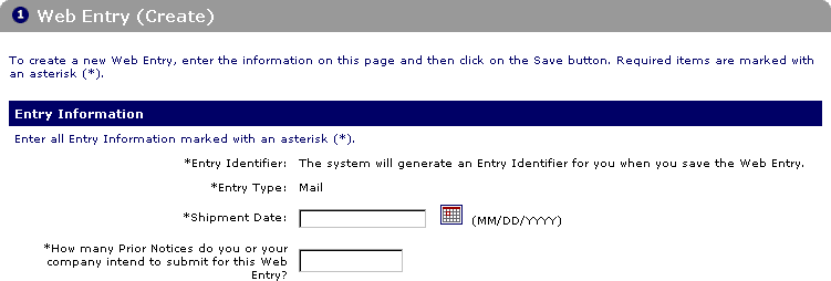Web Entry Create Screen for Mail Entry Types
