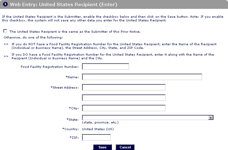 Web Entry: United States Recipient (Enter) Screen