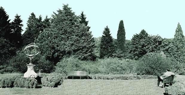 In 1955, H. F. du Pont created the Sundial Garden for the pleasure of Winterthur’s guests. Designed as a “room garden,” the area is walled by massive conifers from the Pinetum and an enclosing hedge. Fragrant trees and shrubs are arranged in concentric circles around the garden’s focal point, an armillary sundial. —Courtesy, Winterthur Archives