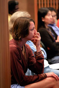 The talk attracted scientists with a broad range of interests, including National Toxicology Program Senior Research Assistant Windy Boyd, Ph.D., shown here apparently pondering the global opportunities for her research. 