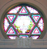 Stained glass window of 6th and I St. Synagogue in Washington, D.C. has six-pointed star and ten commandments